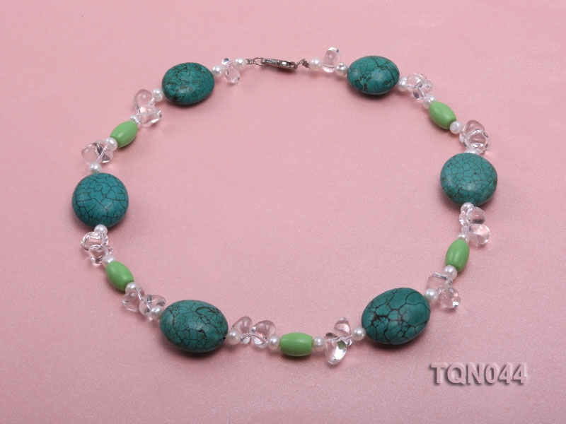 25x30mm green egg-shaped turquoise, white pearl and crystal necklace