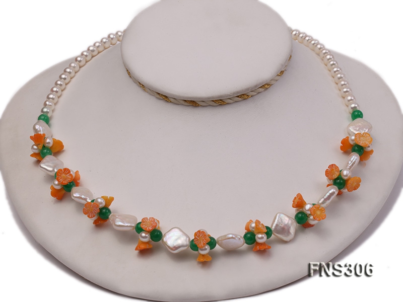 natural 7-8mm white round freshwater pearl with jade beads and coral flower necklace