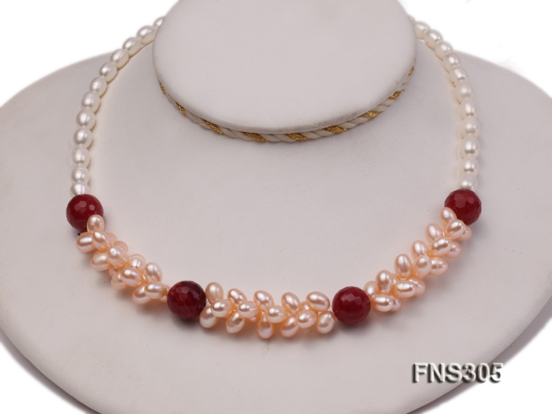 natural 7-8mm pink freshwater pearl with red faceted gemstone necklace
