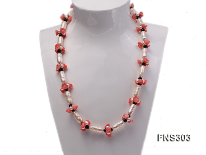 natural white baroque freshwater pearl with black agate red coral flower necklace