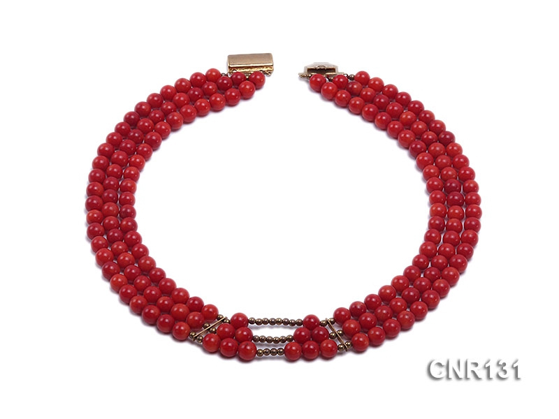 7mm Round Red Coral Three-Strand Necklace