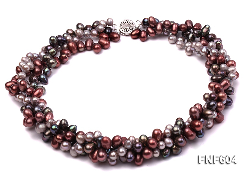 Three-strand 6x9mm Multi-color Freshwater Pearl Necklace