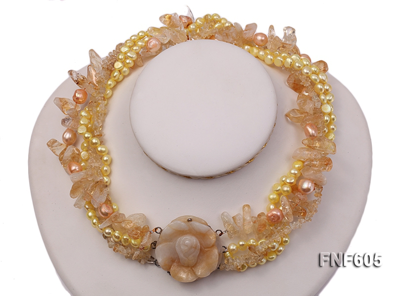 Five-strand 6-7mm Yellow Freshwater Pearl and Yellow Quartz Beads Necklace