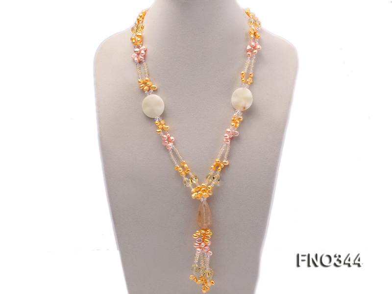 7x10mm pink and yellow oval freshwater pearl and yellow crystal  and jadestone necklace
