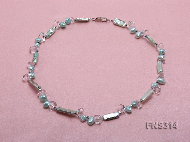 sky blue biwa-shaped freshwater pearl with natural white crystal single strand necklace