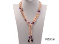 6*9mm natural pink side-drilled freshwater pearl with amethyst opera necklace