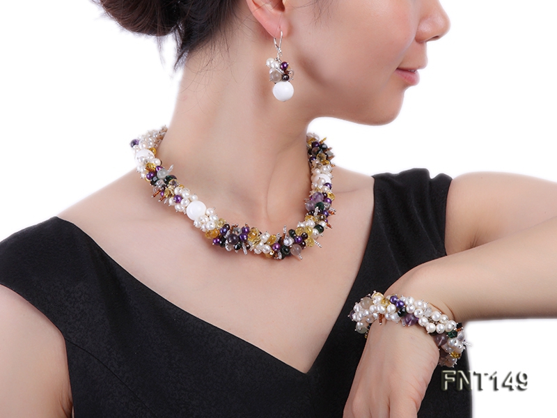 White Freshwater Pearl, Colorful Crystal Beads & Necklace, Bracelet and Earrings Set