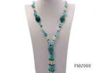 6x8mm blue irregular turquoise and malay jade and white rice shape and coin pearl opera necklace