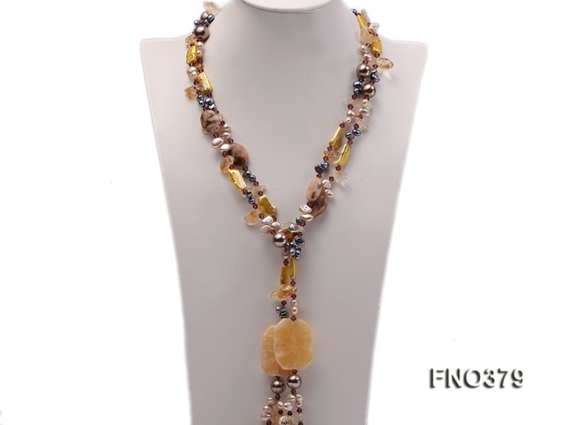 7x9mm multicolor freshwater pearl and light yellow irregular crystal necklace