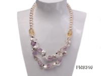 8-9mm natural white round freshwater pearl with amethyst and white crystal necklace