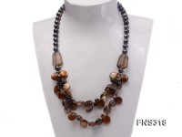 9-10mm black round freshwater pearl with natural smoky quartz and coin pearl necklace
