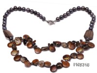 9-10mm black round freshwater pearl with natural smoky quartz and coin pearl necklace