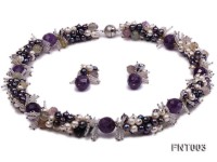 6-7mm White & Purple Freshwater Pearl and Amethyst Beads Necklace, Bracelet and Earrings Set