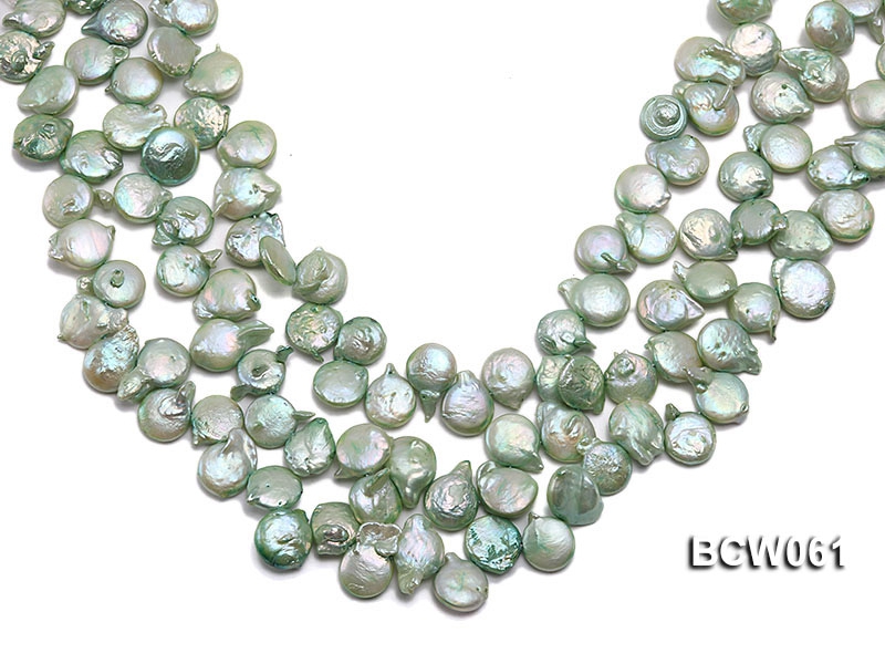 Wholesale 11-12mm Apple Green Button-shaped Cultured Freshwater Pearl String