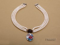 3 strand 5-6mm white round freshwater pearl necklace with cloisonne pendant