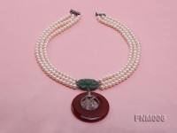 3 strand 5-6mm white round freshwater pearl necklace with agate pendant