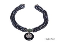 3 strand 5-6mm black round freshwater pearl necklace with agate pendant