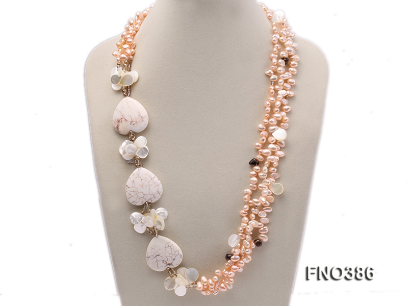 5x8mm pink freshwater pearl, white turquoise and drop-shaped shell necklace