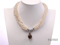 Six-strand 4-5mm White Flat Freshwater Pearl Necklace with a Smoky Quartz Pendant