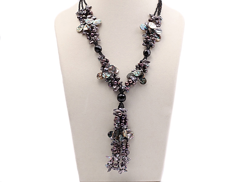 Three-strand Dark-purple Freshwater Pearl, Seashell Pieces and Black Agate Beads Necklace
