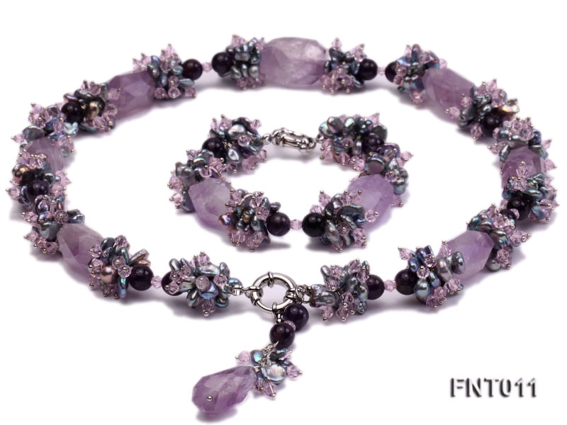 7-8mm Freshwater Pearl and Amethyst Beads Necklace and Bracelet Set