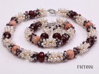 White Freshwater Pearl, Red Agate Beads & Garnet Beads Necklace, Bracelet and Earrings Set
