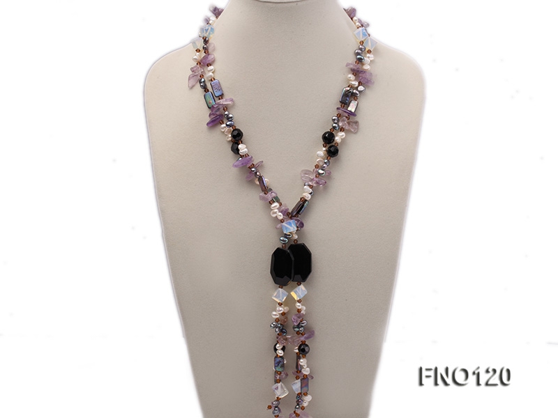 6x9mm white and blue peacock flat pearl rose crystal and agate necklace