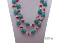 22mm blue round turquoise and red coral sticks necklace with gilded clasp