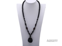 10mm black agate necklace with a big faceted pendant
