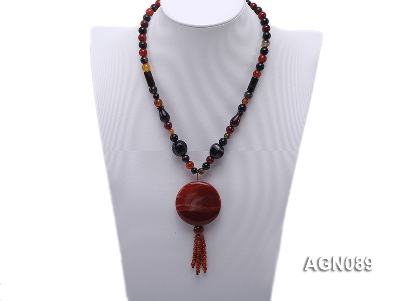 8mm black and red round agate necklace with a red agate pendant