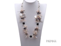 Three-strand Freshwater Pearl, White Seashell Pieces and Black Agate Beads Necklace