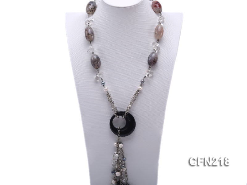 8-9mm Freshwater Pearl and Amethyst with Agate Pendant Long Necklace