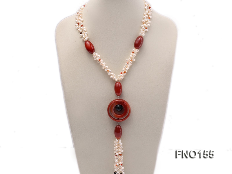 5.5x7mm white oval freshwater pearl and red and black agate necklace