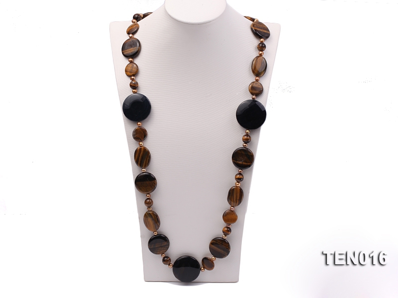 Button-shaped Tiger Eye Necklace with Agate Pieces and Freshwater Pearls