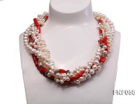 Five-strand 8-9mm Freshwater Pearl and Red Coral Beads Necklace