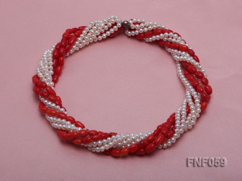 Multi-strand White Freshwater Pearl and Red Coral Pillars Necklace