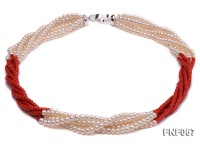 Five-strand 5-6mm Freshwater Pearl and Red Coral Beads Necklace