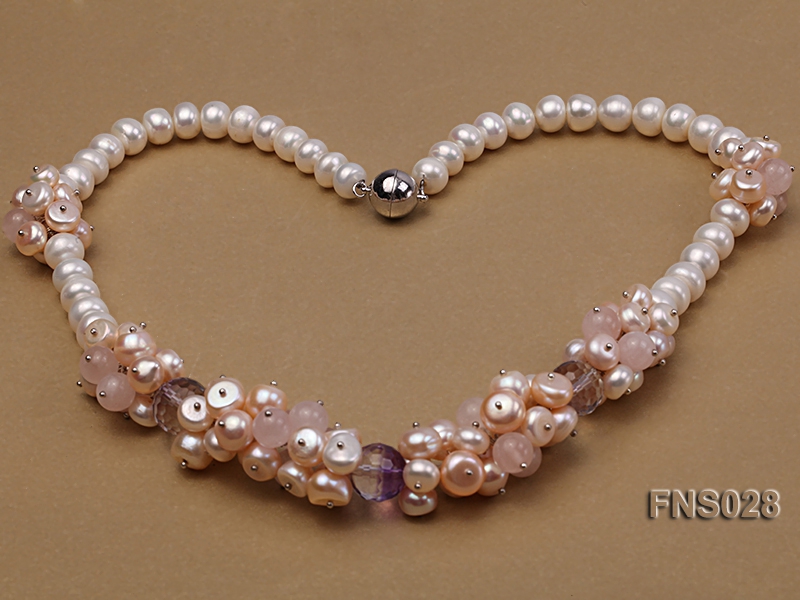 Natural White and Pink Freshwater Pearl with Rose Quartz Crystal Necklace