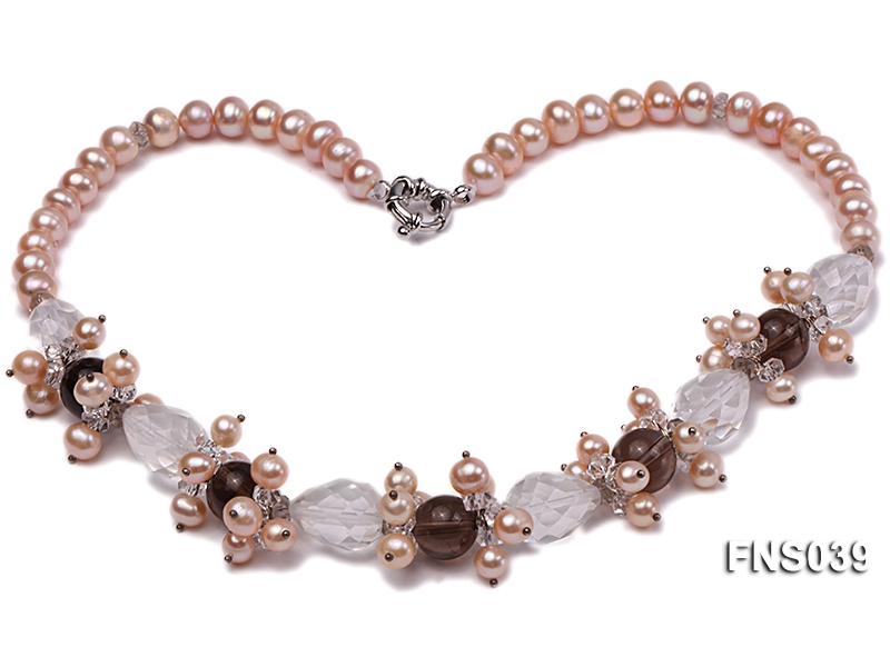 natural 8-9mm pink freshwater pearl with smoky quartz and crystal necklace