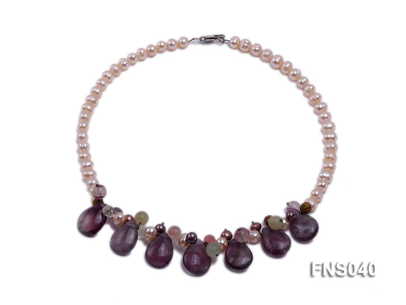 natural 7-8mm pink freshwater pearl with amethyst and crystal necklace