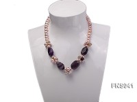natural 8-9mm pink round freshwater pearl with amethyst and crystal necklace