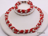 White Freshwater Pearl & Red Coral Pillars Necklace and Bracelet Set