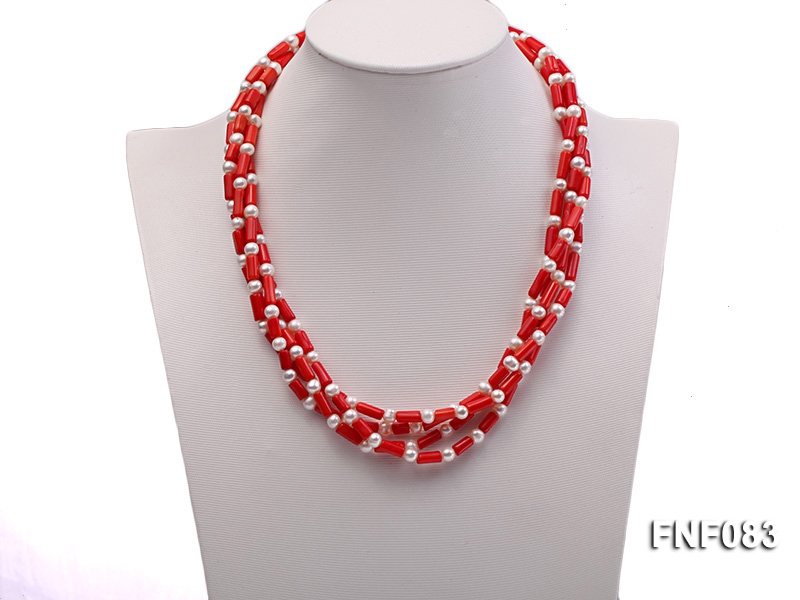 Four-Strand 6mm White Round Freshwater Pearl and Red Coral Pillars Necklace