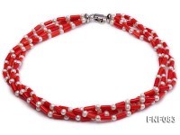 Four-Strand 6mm White Round Freshwater Pearl and Red Coral Pillars Necklace