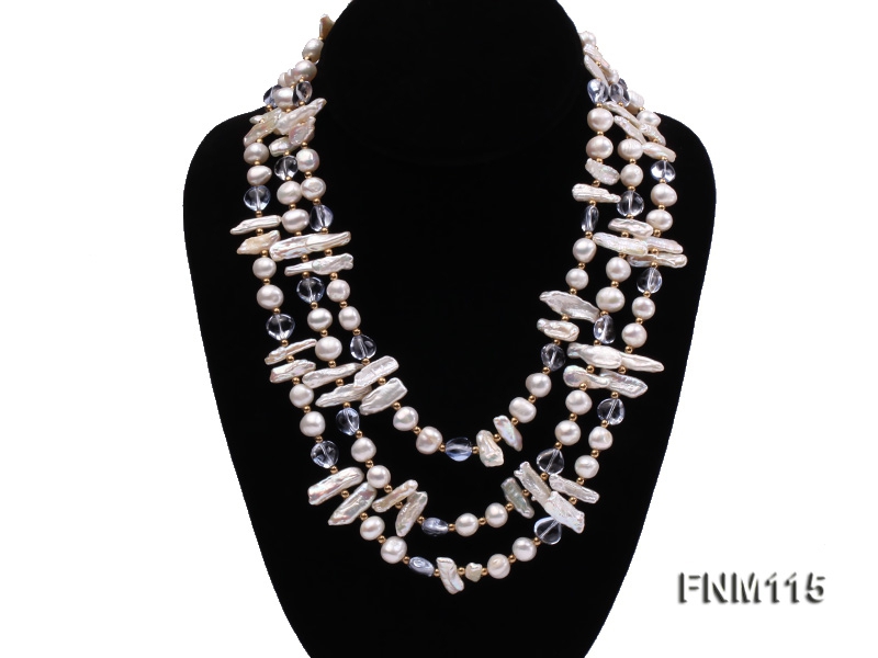 3 strands white freshwater pearl and bule crystal necklace