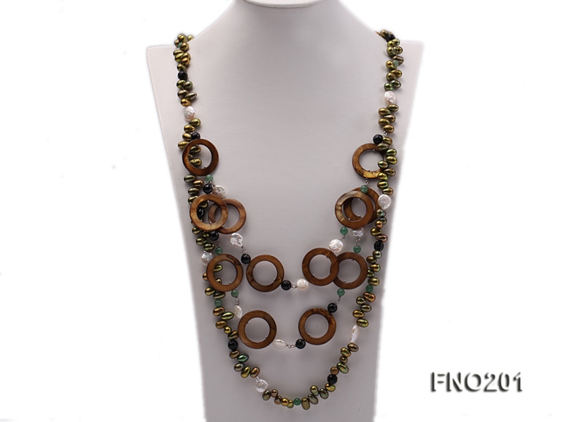 Breen Freshwater Pearl, Brown Seashell Circles, Button Pearls, Black Agate and Green Jade Necklace