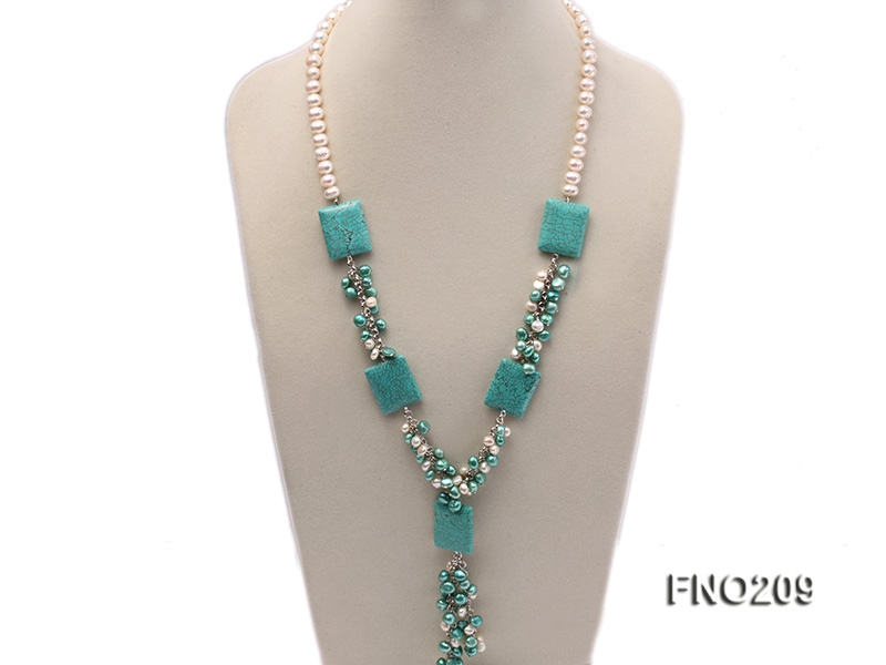 9-10mm white round freshwater pearls and turquoise with smooth surface and crystal necklace