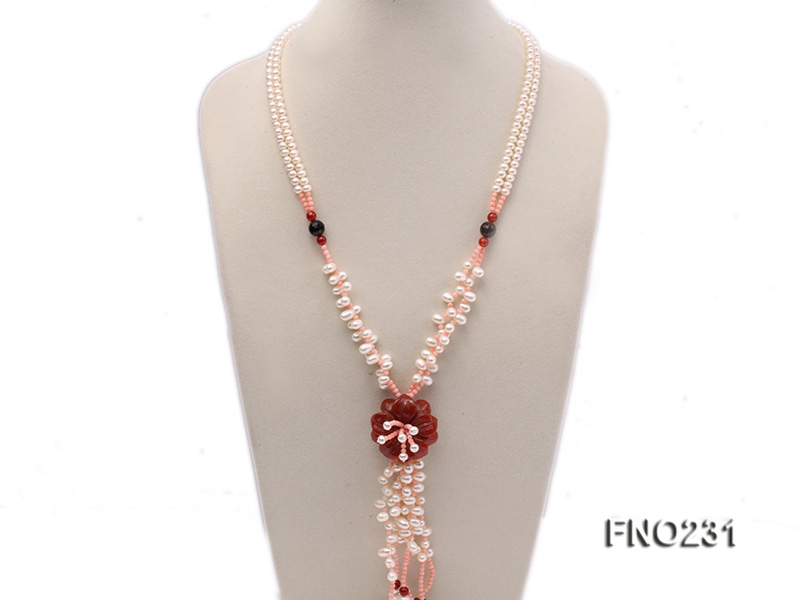 5mm white freshwater pearl with natural red agate and coral necklace