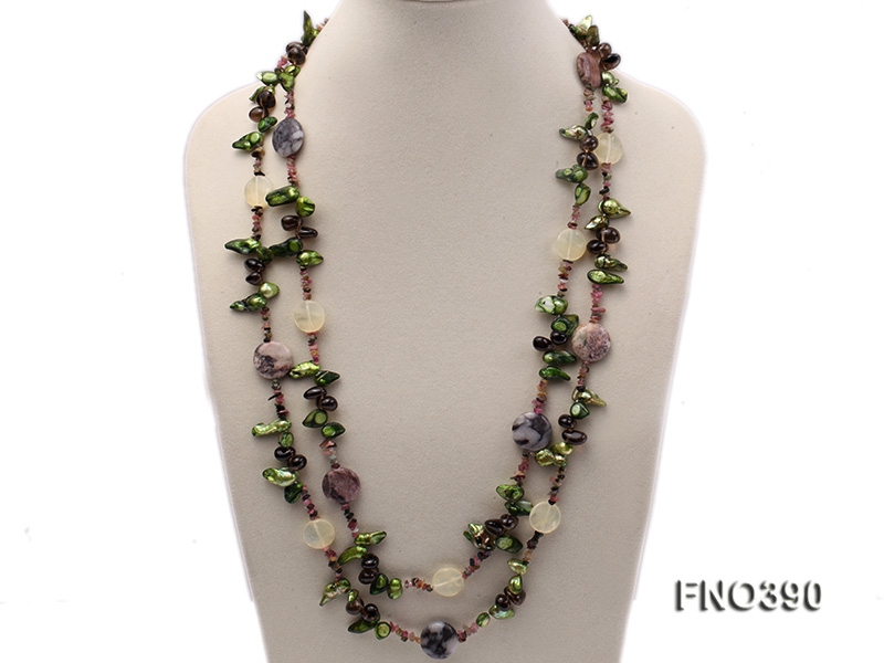 9-16mm green tooth freshwater pearl with natural smoky quartz and tourmline chips opera necklace