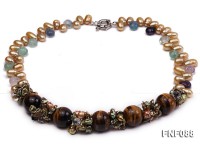 10x11mm Champagne Freshwater Pearl Necklace with Tiger-eye Beads and Crystal Beads